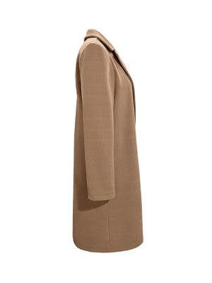 Camel wool-blend overcoat with a single button closure and notched lapel.