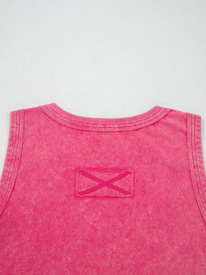 Textured cotton tank top in pink with a V-neck and a decorative X detail on a patch.