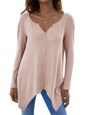 Watermelon pink ribbed knit tunic with asymmetric hem and v-neck.