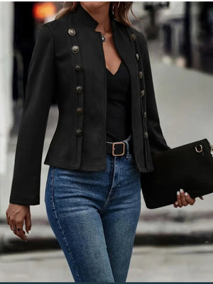 Black suede military-inspired jacket with double-breasted button detail