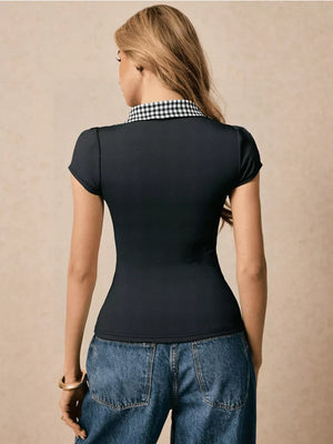 Black maternity shirt with short sleeves and a gingham collar