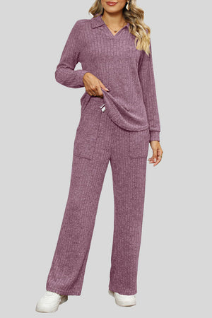 Mauve ribbed knit lounge set with collar, long sleeves, and wide-leg pants with pockets.