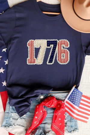 Navy cotton maternity t-shirt with patriotic 1776 appliqué and lace trim.