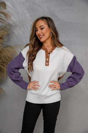 Colorblock henley knit sweater with button detail and purple sleeves