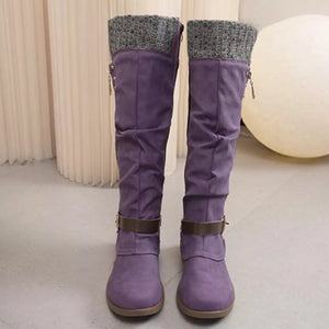 Purple suede knee-high slouch boots with knit cuff and buckle detail