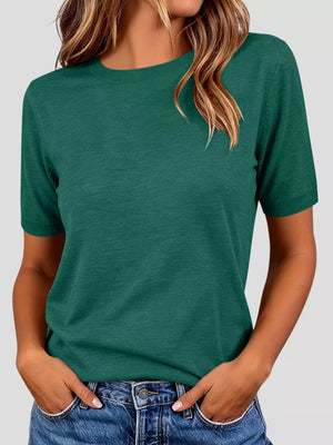 Classic Crew Neck Short Sleeve Knit Top in Dark Brown, editorial view