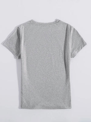 Gray heather t-shirt with crew neck and short sleeves.
