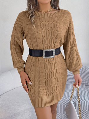 Camel cable knit mini dress with belt detail and jewel buckle.