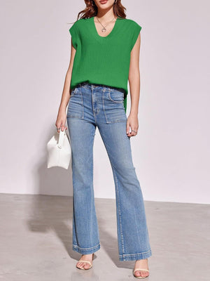 Green ribbed V-neck sweater vest, acrylic blend, sleeveless, basic style
