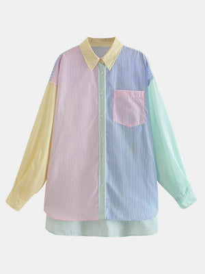 Oversized colorblock striped button-down shirt with pastel panels and a chest pocket.