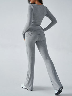 Light Gray long sleeve top and flare lounge pants with side slits