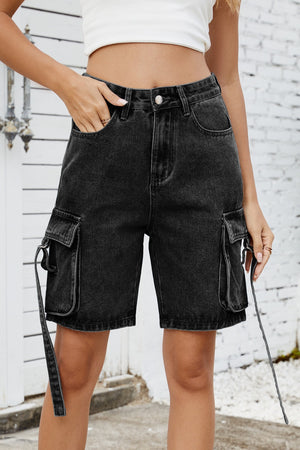 Black denim cargo shorts with straps and utility pockets