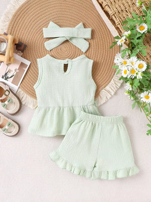 Children's Bow Tank And Shorts Set in Light Green, fit detail