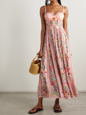 Pink sweetheart neck a-line maxi dress with floral embroidery and vertical stripes.