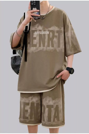 Oversized taupe lettered tee and shorts set with graphic print and cream trim