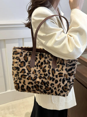Fuzzy leopard print shopper bag with brown handles
