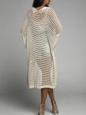 Cream open-knit duster cardigan with a relaxed fit and V-neckline.