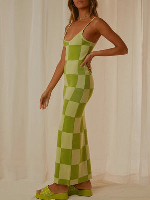 Geometric knit maxi slip dress in Yellow-Green with checkerboard pattern, spaghetti straps, and a fitted silhouette.