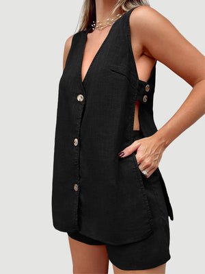 Black linen co-ord set with button front vest and cut-out sides.