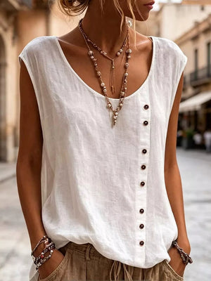 Round Neck Decor Button Tank Plus Size in White, front view