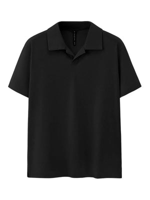 Black short sleeve polo shirt in 100% polyester with a classic fit and spread collar.