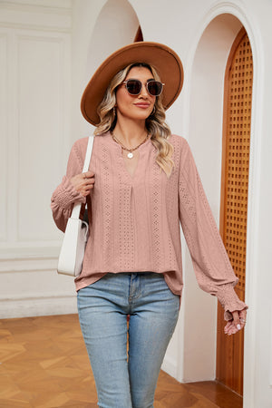 Blush pink eyelet detail blouse with poet sleeves and v-neck