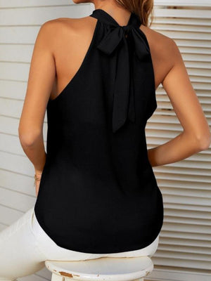 Black halterneck tie-back top with keyhole detail and sleeveless design