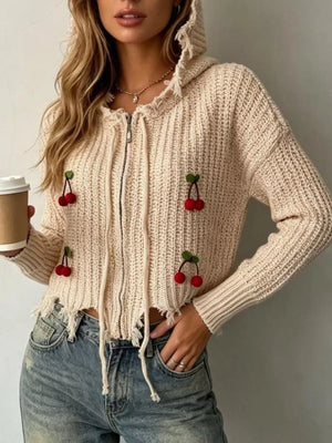 Cherry Knit Zip-up Hooded Sweater in Black, side view