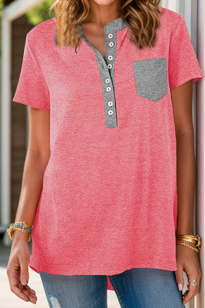 Strawberry contrast henley tee with patch pocket and button detail