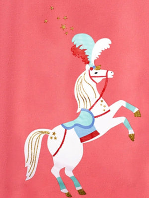 Cartoon horse t-shirt with ruffle sleeves in coral pink.