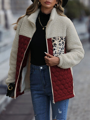 Teddy & quilted panel zip jacket in cream and burgundy with leopard print pocket detail.