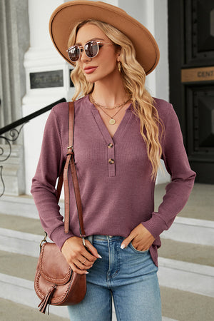 Waffle knit henley shirt in Mauve with button placket and long sleeves.