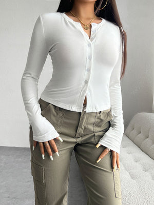 White button-up cardigan with crew neck and long sleeves