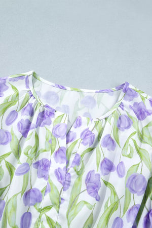 Lavender tulip print midi dress with gathered neckline and slit detail