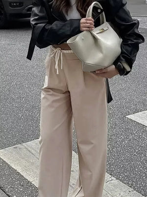 Wide-leg Pants With Drawstring Waist in Khaki, close-up detail