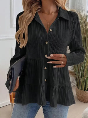Black crinkled tiered button-down shirt with a collared neckline and long sleeves.