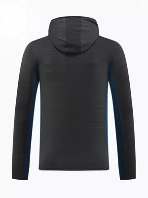 Men's dark gray hooded sweatshirt with Ink Blue side panels and textured fabric.