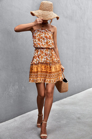 Caramel floral print bandeau mini dress with smocked waist and tiered hem