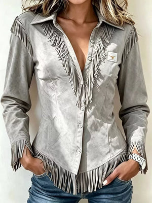 Full Size Fringed Collared Neck Shirt Plus Size in Pink, product detail