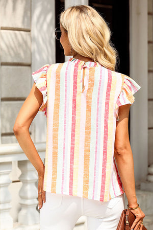 Rainbow stripe flutter sleeve blouse with a high neckline and keyhole back detail.
