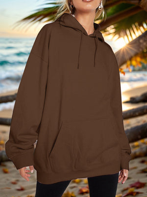 Oversized chocolate brown hoodie with pouch pocket and drawstring hood.