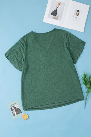 Dark green heather tee with flutter sleeves and lace trim detail