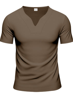 Men's brown cotton t-shirt with notched V-neck and short sleeves