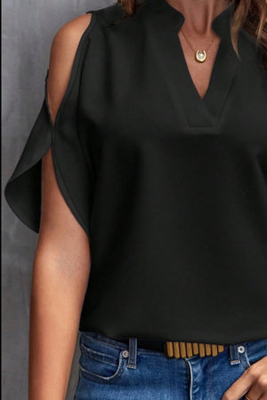 Black polyester open-shoulder blouse with keyhole neckline and flutter sleeves.