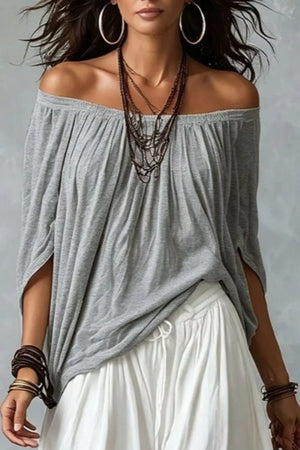 Off-shoulder Top And Wide-leg Pants Set Plus Size in Gray, fit detail