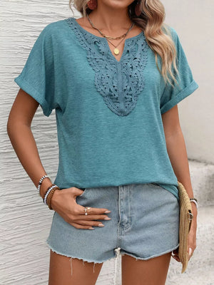 Blue-green relaxed fit t-shirt with lace neckline detail and cuffed short sleeves