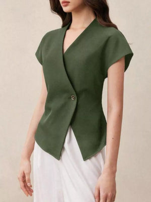 Chic asymmetrical wrap shirt in olive green with cap sleeves and a single button closure.
