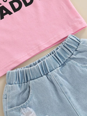 Pink lettered tee and distressed light wash denim shorts set for baby.