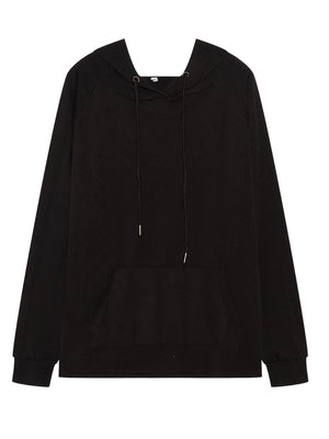 Black textured knit raglan hoodie with drawstring hood and front pocket.