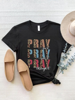 Black graphic t-shirt with leopard print and text detail.